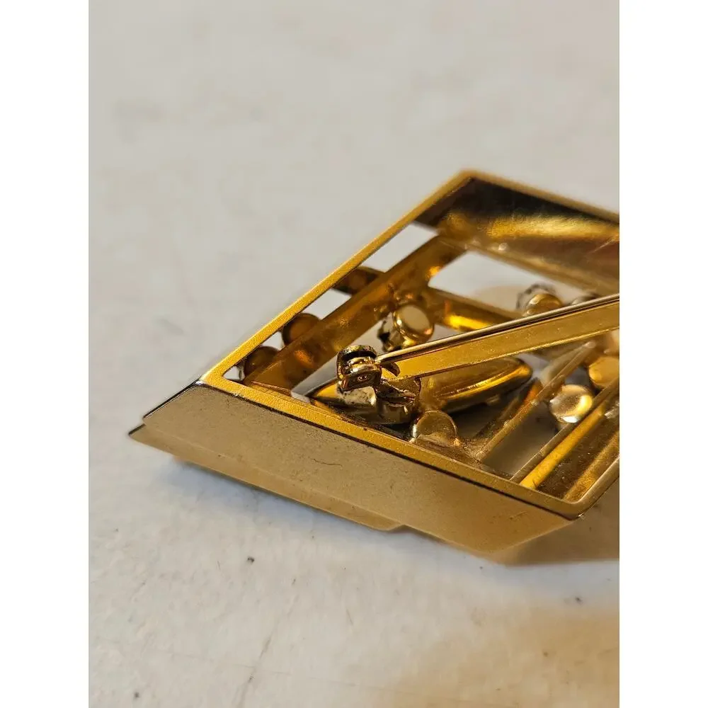Vintage Black Rhinestone Geometric Gold Tone Brooch Art Deco Revival Pin